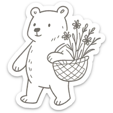 bear carrying a basket of wildflowers, soft pastel brown and cream, hand-drawn style sticker
