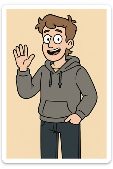 Pastel Yellow shirts Pacific Grey Hoodie dark blue jeans pockets a hand say hello sticker