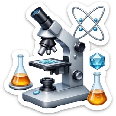 An icon featuring an electronic microscope, a metal alloy, atomic structure symbols, and a crystal structure, symbolizing materials science. The design includes different materials like metals, ceramics and polymers, alongside a stamp representing testing and quality control. Transparent background sticker