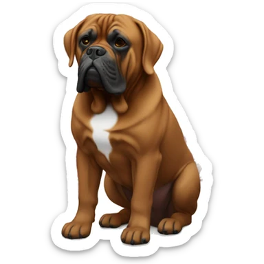 Black masked Dogue de Bordeaux in Front of a christmas tress sticker
