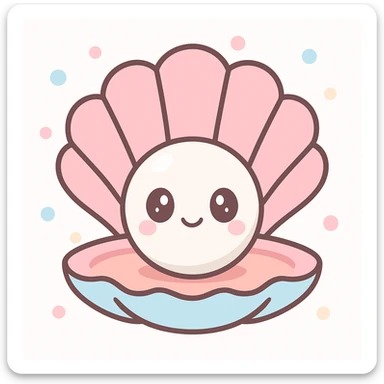 a cute white pearl inside an open seashell, kawaii style, soft shading, big eyes, gentle smile, pastel colors, simple background sticker