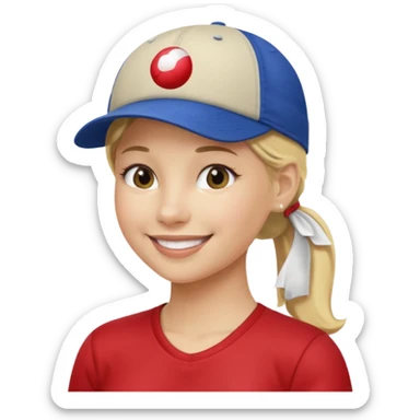 blond woman, pony tail, ball cap sticker