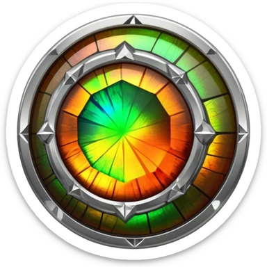 extra close-up round cut ammolite gemstone with holographic effect, silver metal accent, focus on gem facets sticker