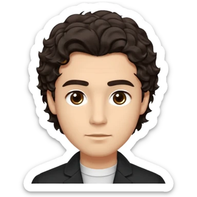 He’s a man with light to medium skin, a defined oval face, full brows, deep-set eyes, and wavy short dark brown tall puffy hair styled with height, sides are trimmed. expression calm and focused relaxed black open-collar .polished, articulate, and coach vibe. sticker
