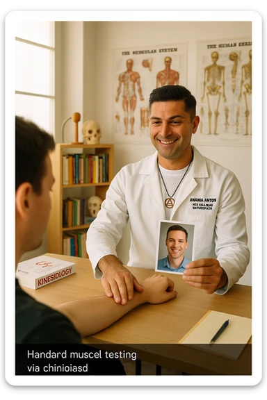 a middle-aged man, dressed in casual professional attire, is in a bright, organized therapy studio. Durante una visita di kinesiologia, il praticante tiene con una mano la foto di una persona lontana (il “testimone”) appoggiata su un tavolo, mentre con l’altra mano esegue un test muscolare su un cliente presente. Sullo sfondo si vedono libri di kinesiologia, poster anatomici e strumenti tipici della disciplina. L’atmosfera è concentrata e serena, con luce naturale che entra dalla finestra, sottolineando l’aspetto alternativo e umano della pratica. sticker