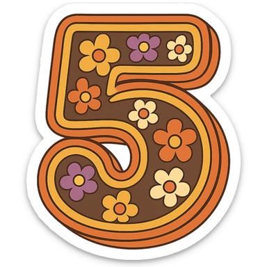 number 5 in retro 70s style, outlined with floral patterns, orange, yellow, brown, and purple sticker