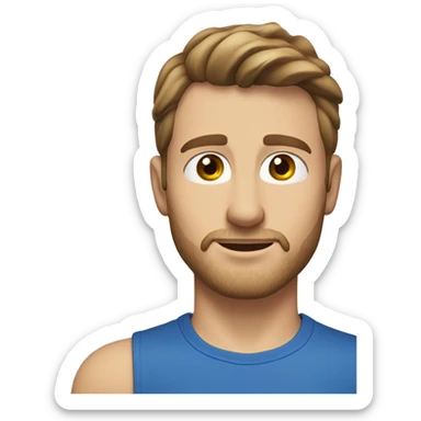 A head and shoulders shot of a 34 year old white man, with short brown hair, with stubble facial hair,   with blue eyes wearing a t-shirt. sticker