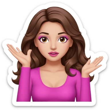 girl with long wavy brown hair, brown eyes, long lashes makeup, sexy pink lips, light to medium complexion, pink sexy top, two hands up, shrugging sticker