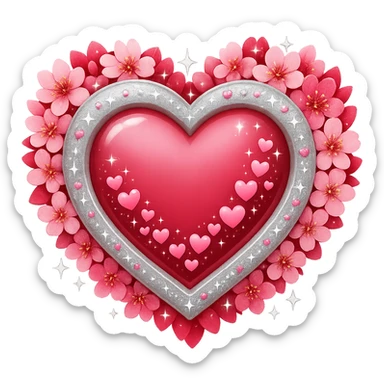 Add more silver sparkles and accents to the heart surrounded by sakura petals in the style of apple emojis. Keep the style consistent with apple emoji style and ensure no background (transparent). sticker