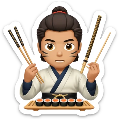 Man with wide eyes eating sushi in a samurai outfit sticker