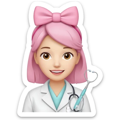 oji style illustration of a female dentist, friendly and smiling, wearing a white coat, with a small pink bow on her head, representing oral cancer awareness, caring and healing, soft colors, simple design, flat illustration, white background. sticker