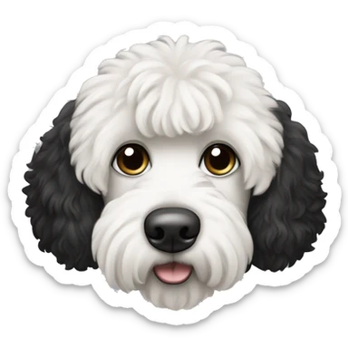 White and black labradoodle dog, black ears, black fur around left eye, white fur around right eye sticker