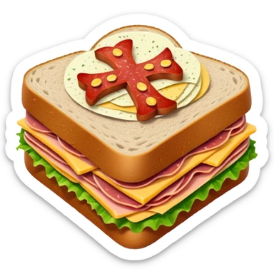 a sandwich with a cross on it sticker