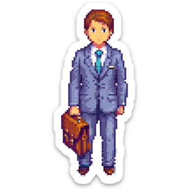 8-bit pixel art icon of a recruiter Mega Man style with a suit and tie holding a briefcase standing confidently sticker