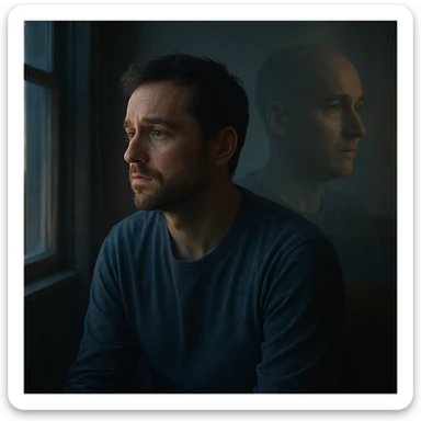 A thoughtful man sitting alone in a quiet room at dusk, gazing into the distance with an introspective, emotional expression. A faint ghostly double exposure in the background shows an alternate version of himself, symbolizing a 'what if' shaped by a life-changing diagnosis. Cinematic, emotional realism, soft lighting, symbolic duality, quiet sadness and wonder, hyperrealistic 4K. sticker