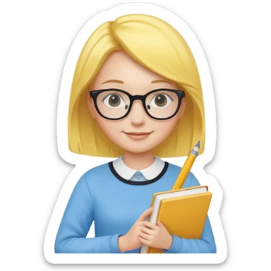 A smart and cute girl with yellow bobbed hair, wearing sky blue clothes,
I hold a book in one arm. There is a pen in the book.
He is wearing black-rimmed glasses and smiling brightly. sticker