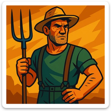 vibrant toon style illustration of a rugged middle-aged farmer, sun-bleached face, black hair, strong jaw, stubble, green trousers, suspenders, green T-shirt, straw hat, holding pitchfork, dramatic warm golden-brown background, bold lines, mix of warm and cool lighting, rustic rural America vibe sticker