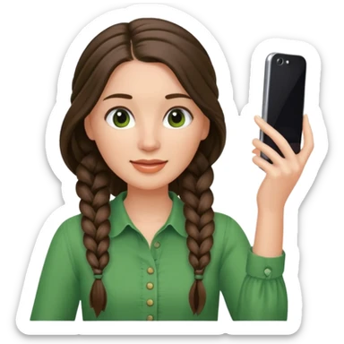 brunette long braided haired woman with green blouse holding her phone having selfie sticker