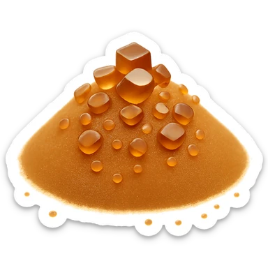Make the brown sugar texture finer, with smaller, more delicate crystals, while keeping the golden-amber color and natural, dry look. Add more scattered crystals around the base for realism. Maintain the look of Apple emoji style: clean, 3D, soft shadows, no cartoon features, no packaging, no bowl, transparent background, emoji scale. sticker
