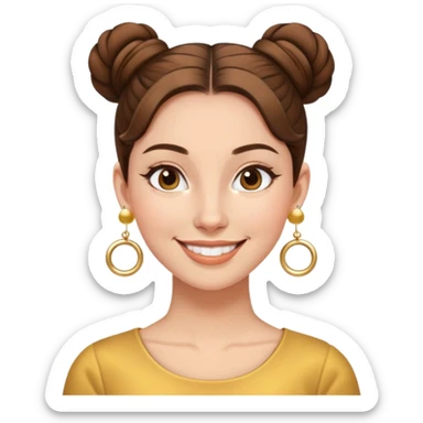 nữ 30 tuổi, da trắng, tóc nâu búi cao 2 bên gọn gàng, đeo khuyên tai vàng. cười tươi sticker