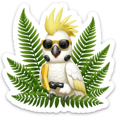 sulfer crested cockatoo wearing sunglasses sitting in a green fern tree sticker