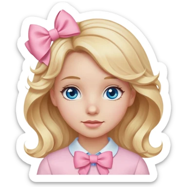 Girl with wavy blonde hair blue eyes and wearing light pink clothes and pink bow sticker