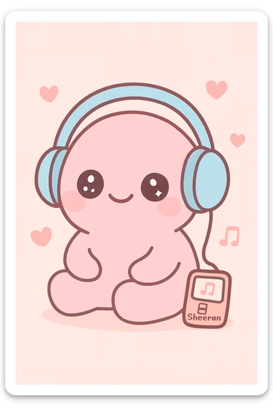 pink character listening to Ed Sheeran music, heartwarming and relaxed, kawaii style sticker