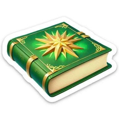 A **green, opened glowing book** with **golden edges**, floating with **sparkles and magical wisps** around it. The cover features a **golden starburst sigil**, symbolizing charm and radiance. ✨📖 sticker