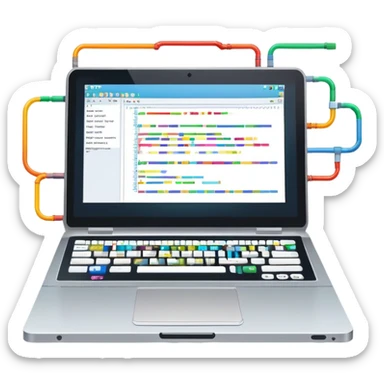 An icon featuring a laptop screen with colorful lines of code, brackets, and a blinking cursor, symbolizing programming. The design includes flowcharts, gear icons, and binary code, representing software development and logical problem-solving. Transparent background highlights the world of coding. sticker