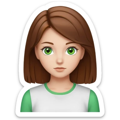 A girl with brown hair (blowout), green eyes and a white top  sticker
