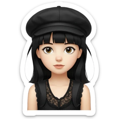 pinterst girl with heavy bang, black long hair and black color newsboy cap on her hat, wearing black color lace sleeveless  sticker