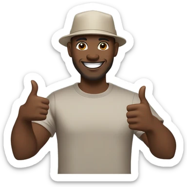 a software engineer with a dark complexion, wearing a beige hat , grey t shirt holding a dell precision 5680 laptop on his left hand and his right hand doing a thumbs up, he should be turning a bit from the camera while still facing it, with a big smile sticker
