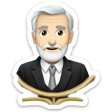 60 year old Caucasian male with grey hair and a grey gotee beard wearing a black dinner suit that has a badge on the left side of the jacket with a Freemason square and compass on it. Make the background a sky blue. sticker