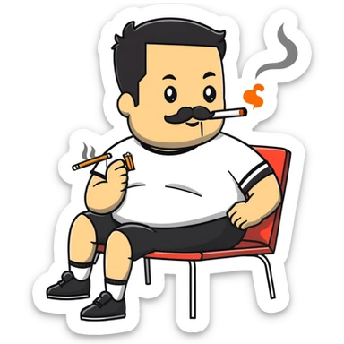 Heavy-set man leaning back in chair with legs spread, smoking cigarette, exposed belly, round face, short black hair, well-groomed beard with mustache, black t-shirt with light stripes on top portion, sleeves rolled up, black shorts, arms decorated with black graphic tattoo patterns on forearms and shoulders sticker