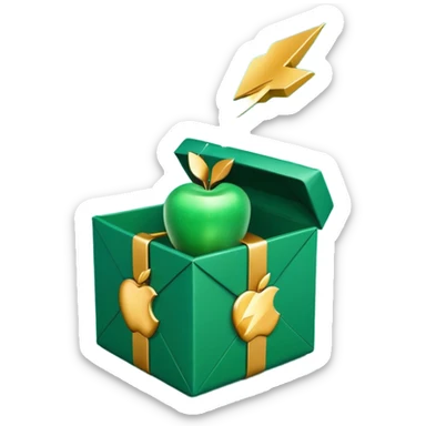 3D minimal open gift box with small floating icons coming out (envelope, lightning bolt, sparkle), matte finish, deep green (#0B3D2C) box, gold (#C9B037) icons, Apple style, ultra minimal, soft shadow, transparent background sticker