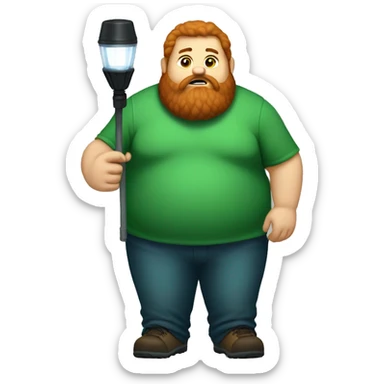 caseoh, man, very fat, 500lbs, red hair, long beard, full body, holding a flashlight, green background sticker