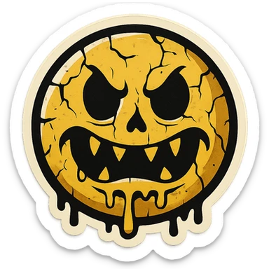 scary emoji with cracks, drips and chips, retro stickers style, sharp black outlines, clear shadows and highlights, no gradients sticker