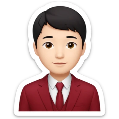 handsome Asian man emoji, short black hair with soft fringe, clean and elegant look, fair skin, gentle smile, wearing dark red suit and white shirt sticker