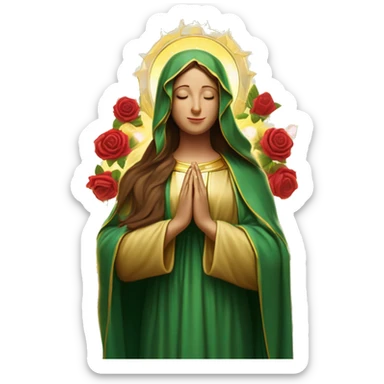 Virgin Mary: kind face looking down at the left, long brown hair, Wearing an emerald green  robe with gold stars and a burgundy red dress,  Hands in prayer or blessing. Halo around her head. standing in front of a big sun. colorful roses on the sides  sticker