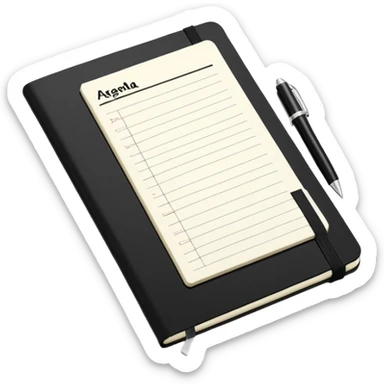 An open black Moleskine notebook with 'AGENDA' written in bold at the top of the page and meeting items with bullet points clearly visible below sticker
