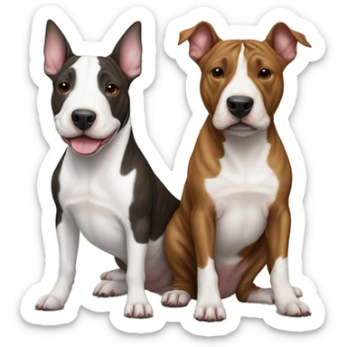 female brindle bull terrier and male white bull terrier next to each other sticker