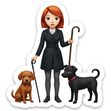 Red headed woman with a cane and a black dog sticker