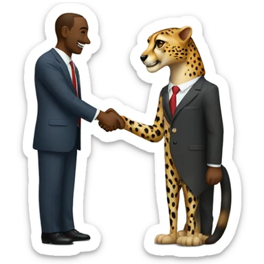 A cheetah in a classic suit shakes hands with a man  sticker