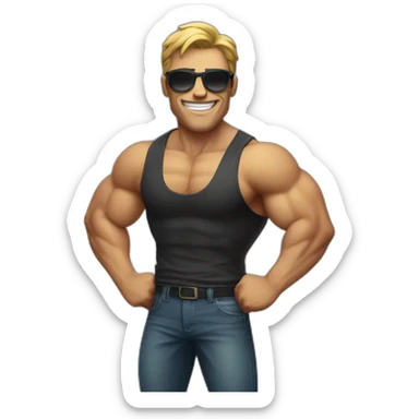 a man flexing muscle and smiling and sunglasses sticker