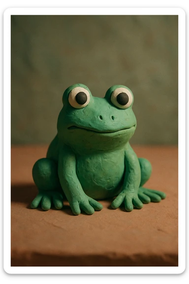 a green frog sitting, claymation style sticker