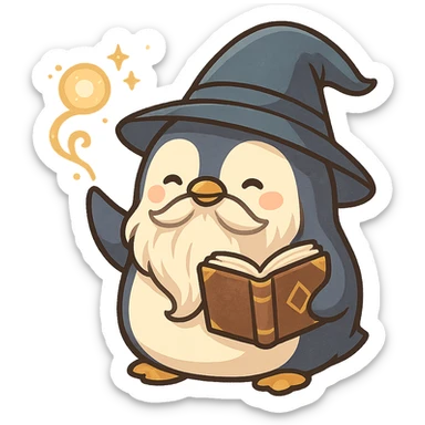 a chubby penguin wizard casting a spell, with a long beard and a mystical book sticker