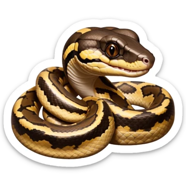 A photo-realistic digital illustration of a Ball Python, large headshot portrait. The snake has a short, rounded snout, smooth contours, and a calm, curious expression. Its head is warm brown with bold, irregular dark markings, including the signature “alien-head” pattern.  sticker