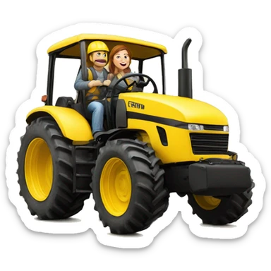 group of 4 people driving giant tractor yellow sticker