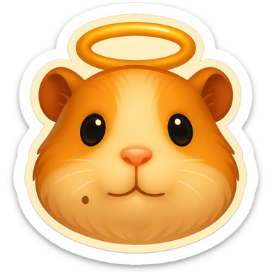 Create an emoji in a simplified and expressive style based on the guinea pig god's face. Keep the face details including the halo and the mole on the left cheek. Use a transparent background. sticker