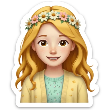  A freckled girl with long hair, a floral headband, and a pastel yellow cardigan, looking joyful. sticker